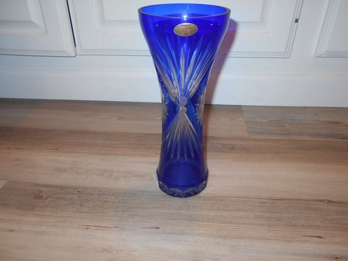 10 3/4" VINTAGE BADASH Cobalt Cut to Clear GLASS VASE USSR 7270 - Picture 2 of 7