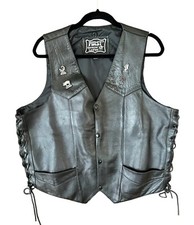 FIRST MFG CO Men's Medium Black Leather Motorcycle Vest w/ Pins Side Lacing