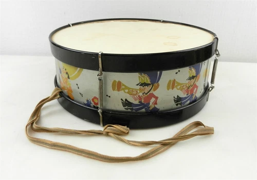 Ohio Art 11" Tin Lithograph Toy Drum Marching Band Silver Black  Bryan OH   T174