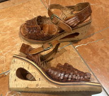 FANFARES BURRITO WOVEN BROWN LEATHER WEDGE HUARACHE CORK 8.5 M VINTAGE 1970S EUC