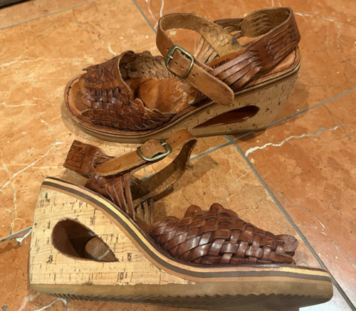 FANFARES BURRITO WOVEN BROWN LEATHER WEDGE HUARACHE CORK 8.5 M VINTAGE 1970S EUC
