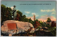 Vtg Linen Postcard Little Round Top and Monument Gettysburg, PA 1940s