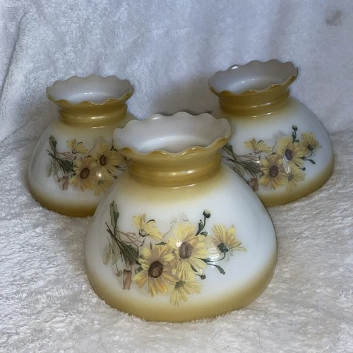 Vintage Milk Glass Hurricane Lamp Shade Ruffled Top 7 7/8” Yellow Flowers lot 3