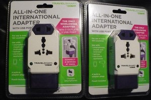 TWO Conair Travel Smart All-in-One International Power Adapters, 3 Outlets +USB