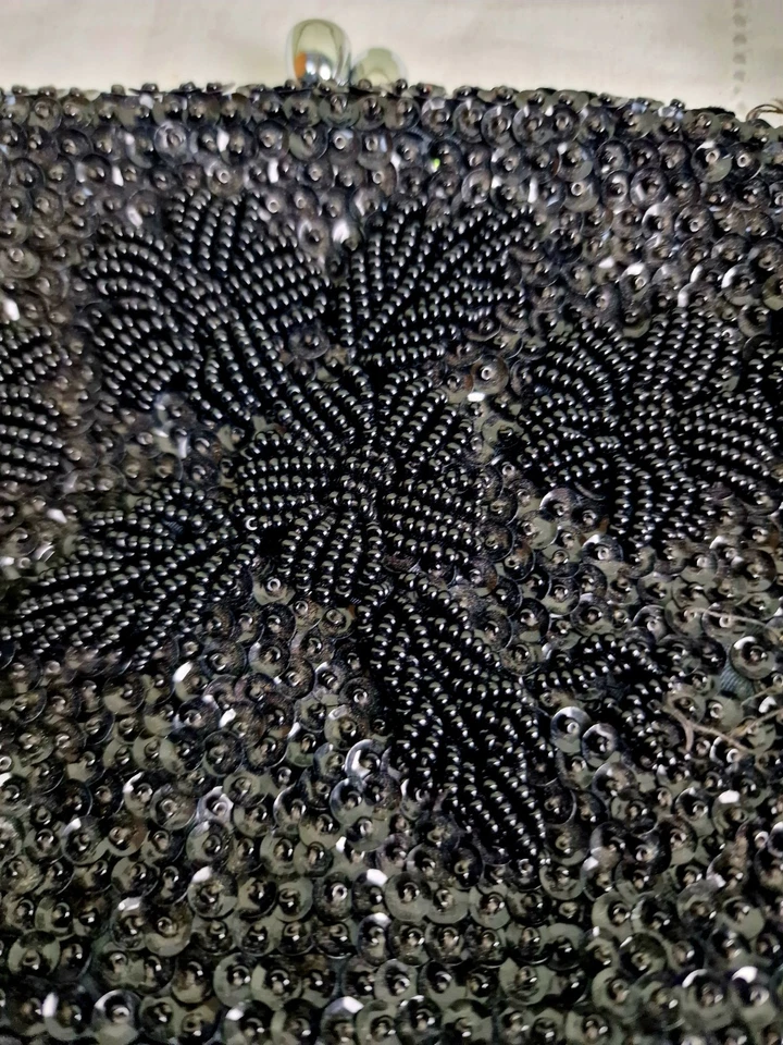 Vintage Black Beaded Sequin Evening Bag, Clutch Bag - Image 3 of 4
