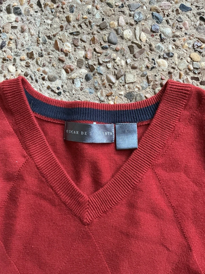 Oscar de la Renta Men's Vest V-Neck Knit Sweater Burnt Orange Argyle Cotton L - Image 2 of 2