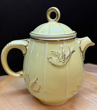Hall China Yellow Gold Teapot Decorated Bird Cage and Gold Birds 6-Cup ~8” Tall
