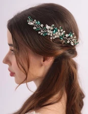 Emerald Green Rhinestone Crystal Wedding Hair Comb Silver Bridal Headpiece