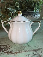 Sugar Bowl w/Lid, White Ribbed w/Scallop Gold Trim by Grace's Teaware