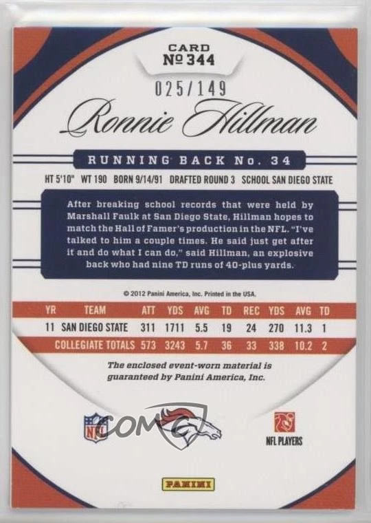2012 Certified Freshman Fabric Mirror Red /149 Ronnie Hillman #344 Rookie RC - Image 2 of 2