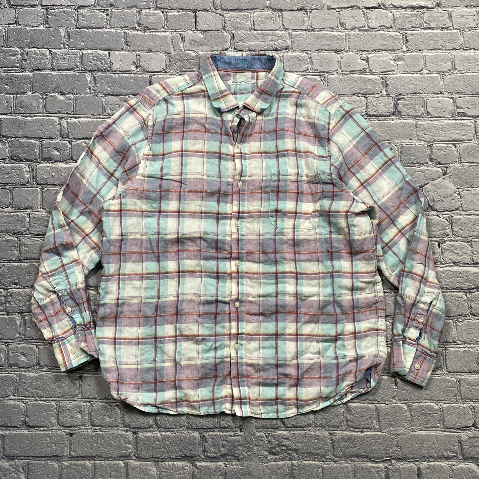 Tommy Bahama 100% Linen Shirt Mens XL Pastel Plaid Button Up Preppy Luxury Beach