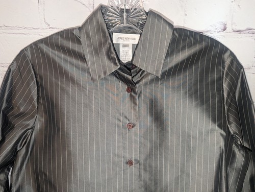 Jones New York Damen 100 % Seide grau Nadelstreifen Knopfleiste Bluse Größe 4P - Bild 2 von 9