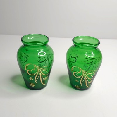 Set of 2 Vintage Emerald Green Anchor Hocking Bud Vase with Gold Trim
