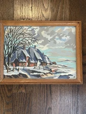 Vintage, 1952, Framed Paint By Numbers, Winter Cottages