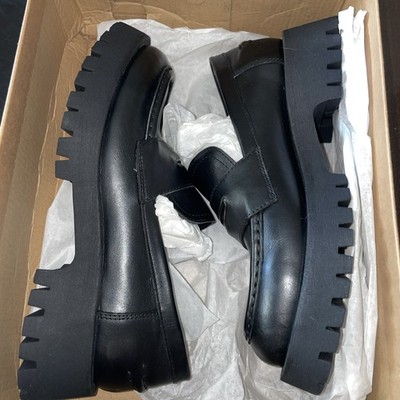 STEVE MADDEN Lawrence Black Leather 1'' Platform Cosmo 2.0 Slip On Loafers Shoes