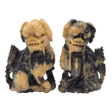 Pair Of Chinese Soapstone Foo Dog Guardian Lion Statues Hand Carved Vintage 8”