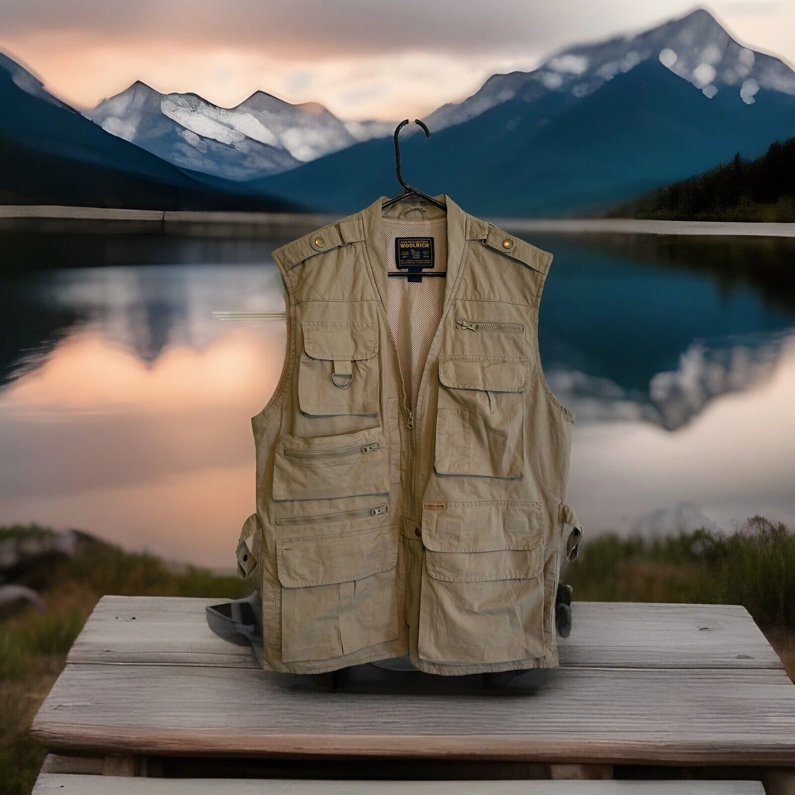 Woolrich Vintage Trail Fishing Vest Mens Large Khaki Cotton Outdoor Utility M