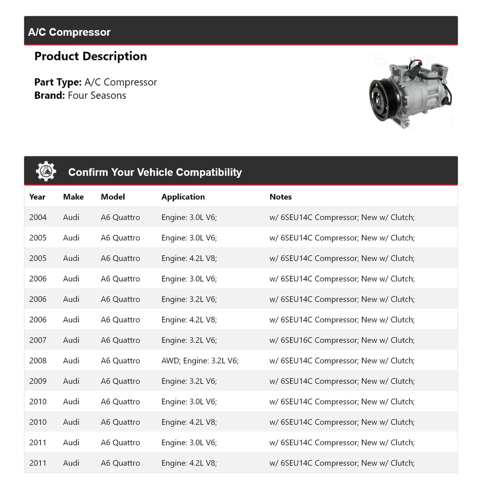 Para 2004-2011 Audi A6 Quattro A/C Compressor 4 Estações 2005 2006 2007 2008 2009 - Imagem 2 de 4