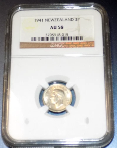 1941 New Zealand 3 Pence 3P NGC AU 58 KM-7 GRADED CERTIFIED UNC NZ COIN