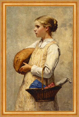 Mädchen mit Brot Albert Anker 1887 Schweizer Maler Korb Laib H A3 0607 Gerahmt