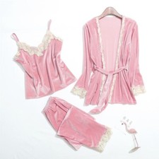 3Pcs Women Velvet Sleepwear Pajamas Sets Lace Nightwear Loungewear Bathrobe