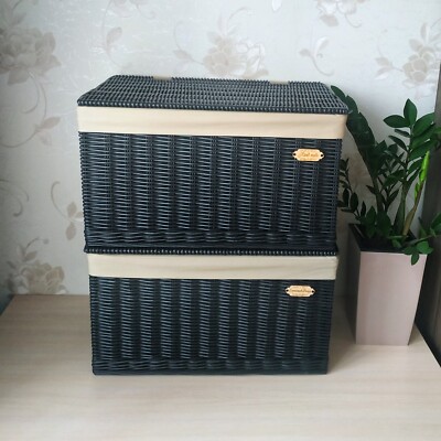 Panier Rectangulaire En Osier Noir Avec Couvercle - Rangement Vestiaire Ou Déco - Taille Sur Mesure