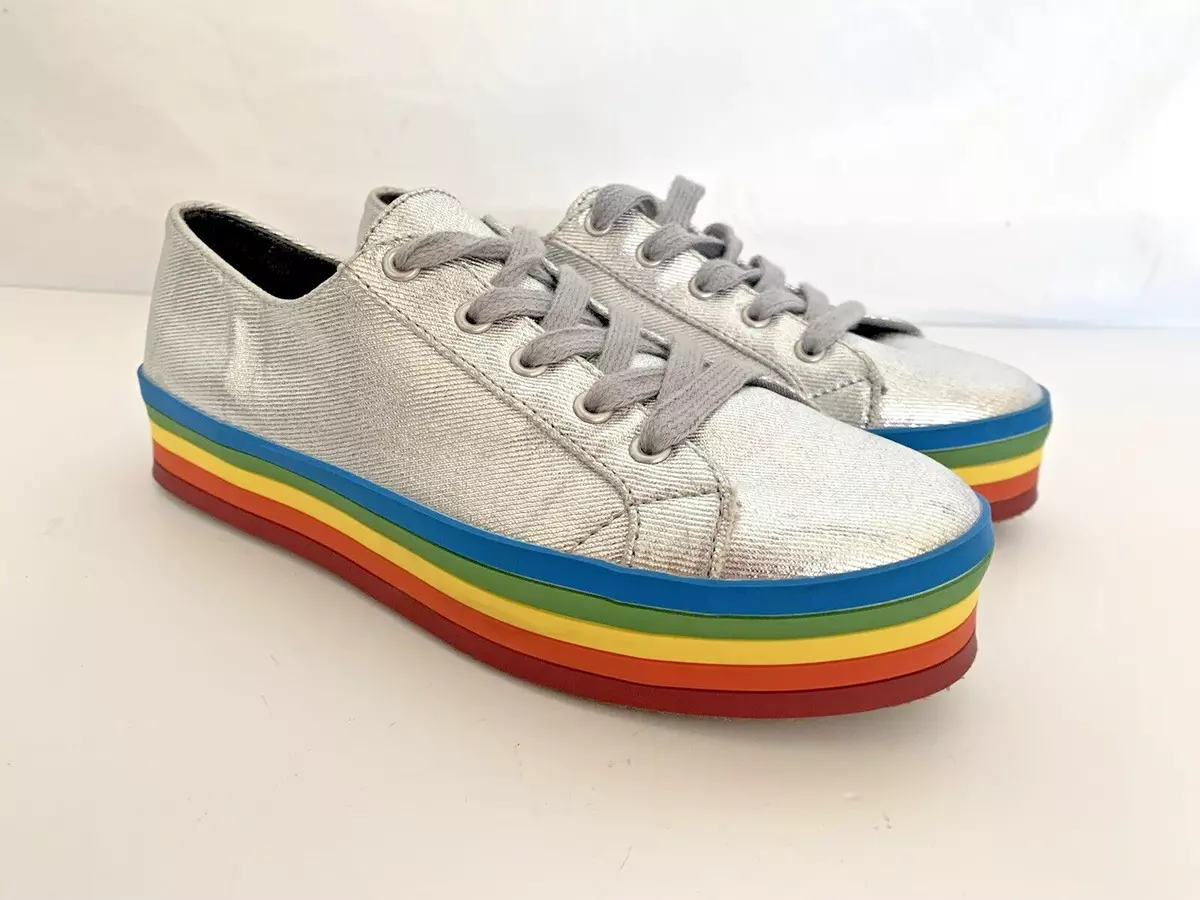 Kids Girls Metallic Silver Rainbow Platform Sneakers Chunky Sole Glittery Shiny