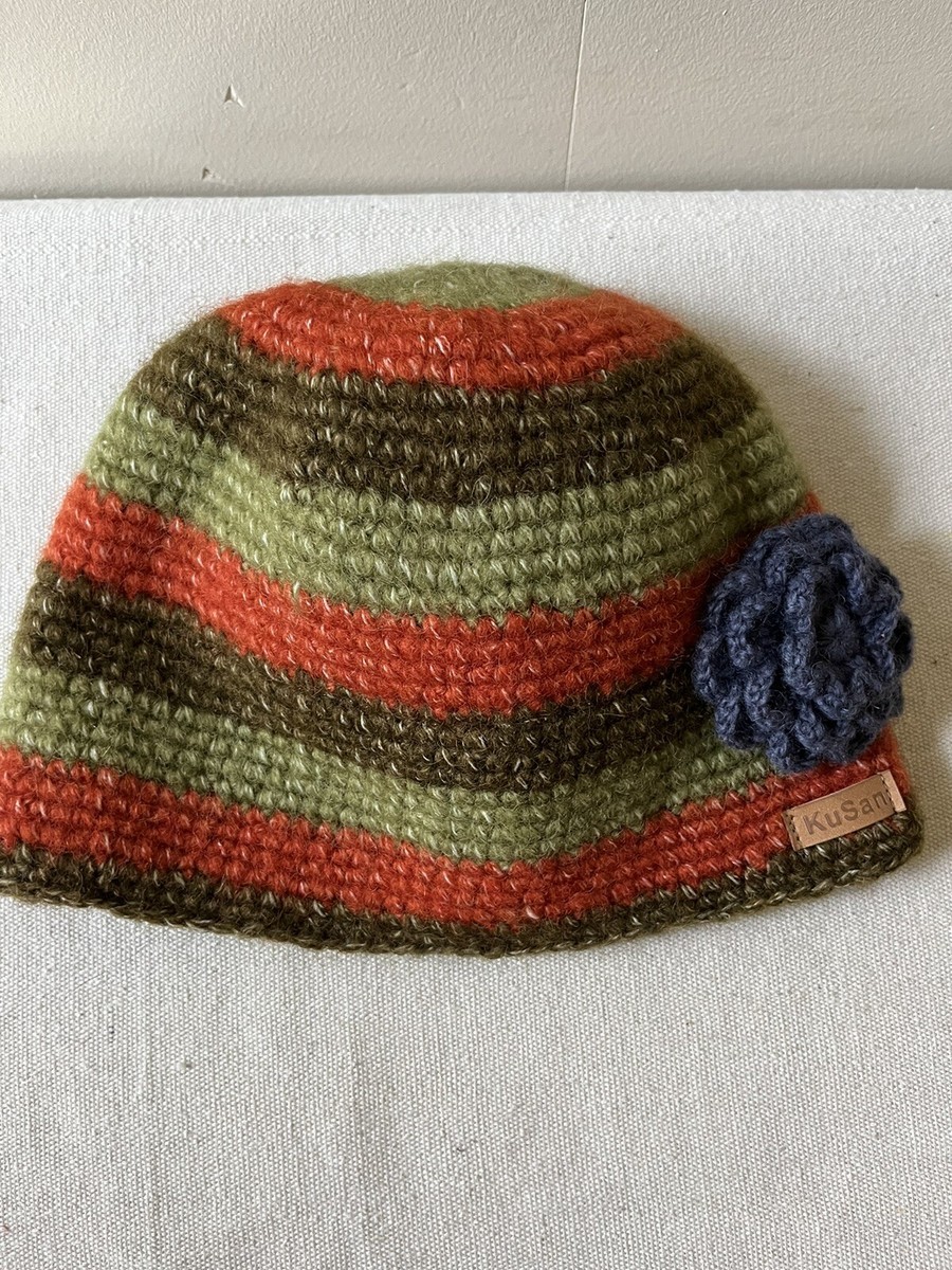 KuSan Crochet Striped Beanie 100% Wool Green, Orange, Brown  display picture 3