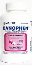 Major Banophen Benadryl Diphenhydramine 25mg Capsules 1000ct - Exp Date 6-2026