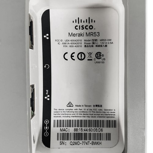Cisco Meraki MR53-HW Dual-Band Wave 2 PoE Indoor Access Point Unclaimed NO PS - Picture 8 of 8