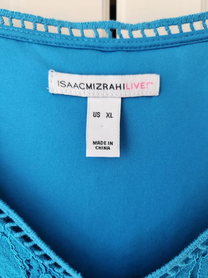 Blusa Isaac Mizrahi Live XL Azul Turquesa Cuello en V Manga Corta Encaje Superposición Foto 4 de 4