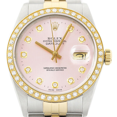 Rolex Herren Datejust 16013 18K Gelbgold Stahl Zweifarbig Pink Diamant Uhr 