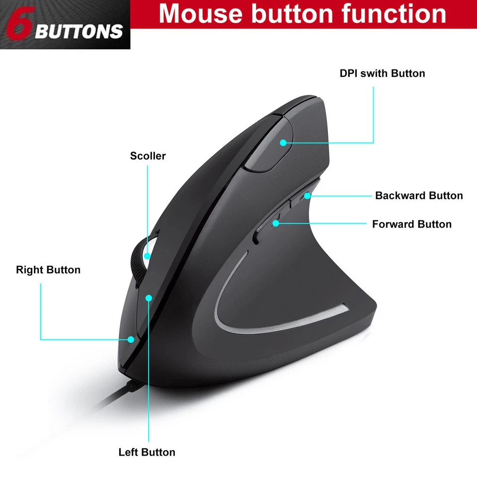 6 Keys Wired USB Vertical Mouse 2400DPI Ergonomic LED Optical Mice for PC Laptop - Image 2 of 4