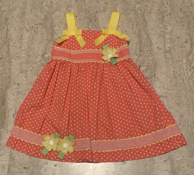 Boutique Blueberi Boulevard Coral Polka Dot Sundress Size 24 mos Yellow Flowers