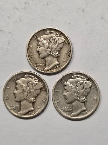 (3) Mercury Dimes nice Split Bands VG    1937 D, 1940 & 1941 No Mint Marks