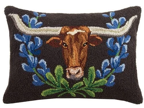 Longhorn and Blue Bonnets, Hook Pillow, Wool and Poly Velvet