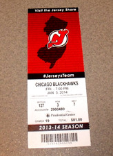 New Jersey Devils 1/3/2014 Ticket Stub vs Chicago Patrick Sharp 3g Sislo Debut
