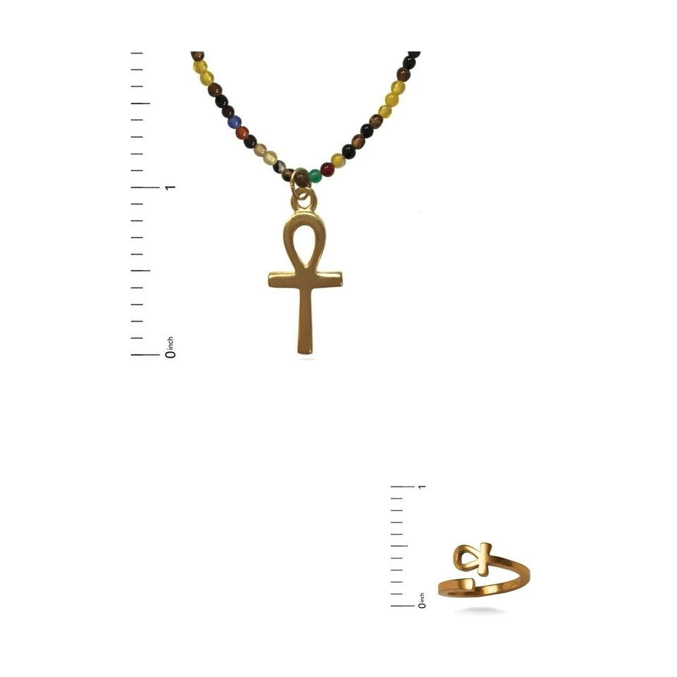 Dije Ankh enchapado en oro amarillo y collar de cuentas de ágata con anillo Ankh Foto 4 de 4