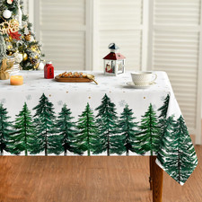 Christmas Tablecloth 60 84 Inch Rectangular, Christmas Pine Tree Snow Washable T