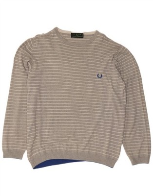 Fred Perry Mens Crew Neck Jumper Sweater XL Grey Striped Cotton BO03