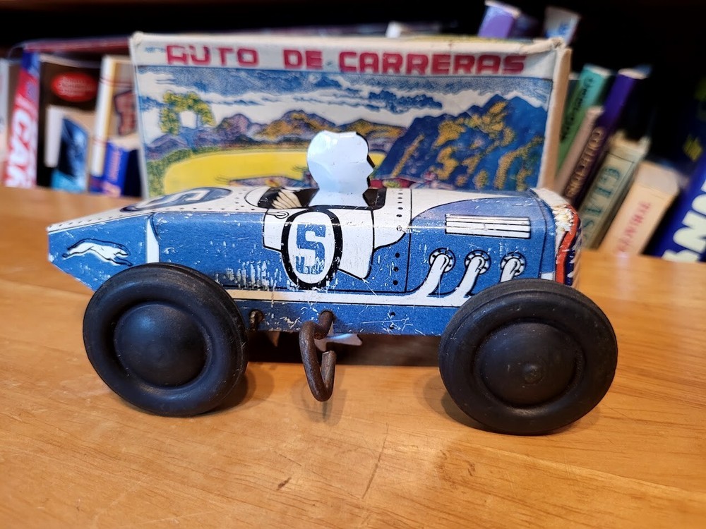 NICE VINTAGE AUTO DE CARRERAS TIN LITHO WIND UP #5 BLUE MIDGET  RACE CAR w/ BOX