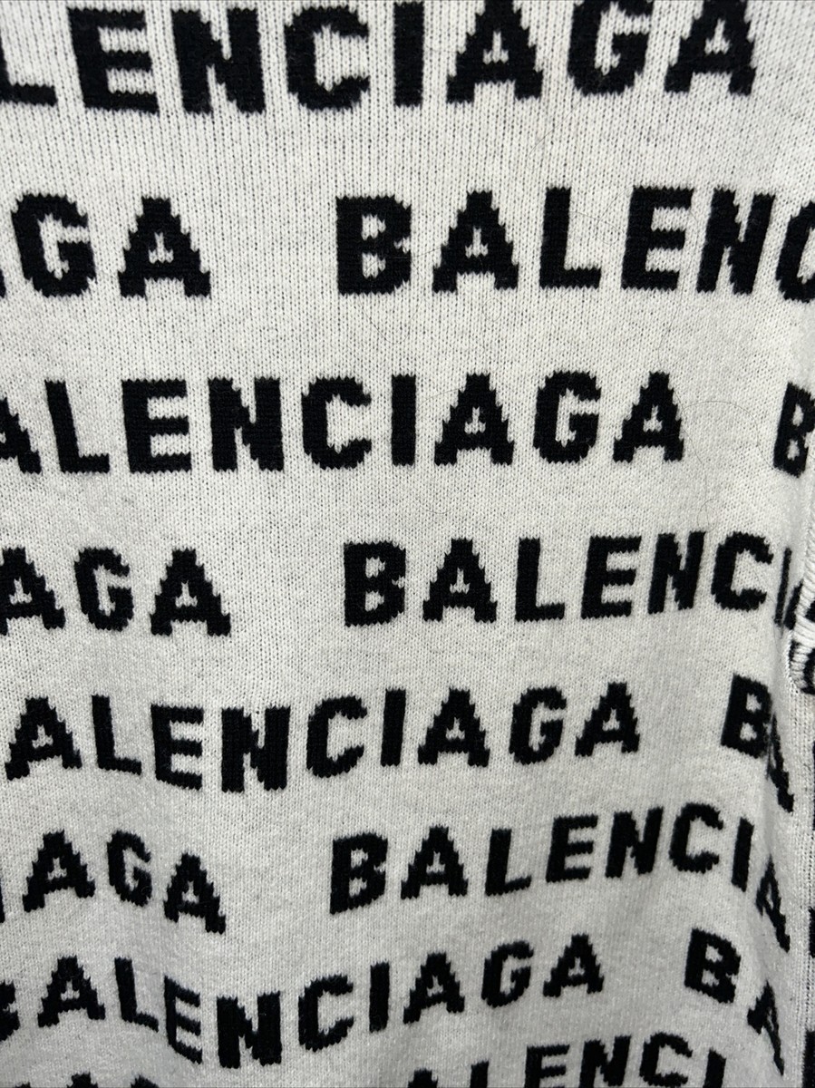 Balenciaga Logo Jacquard White Black Wool Blend V-Neck Size