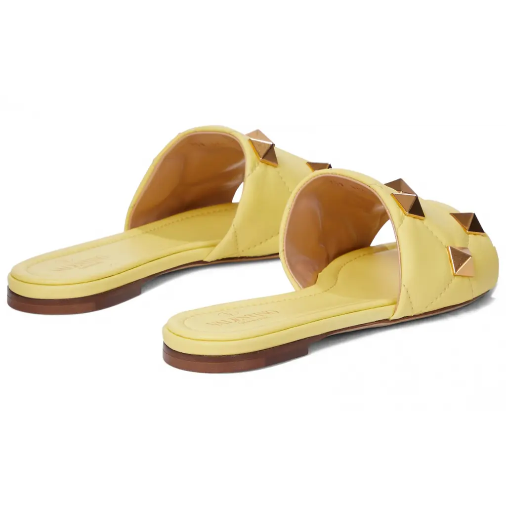 Valentino Rockstud Roman Stud Lime Yellow Leather Quilted Slide