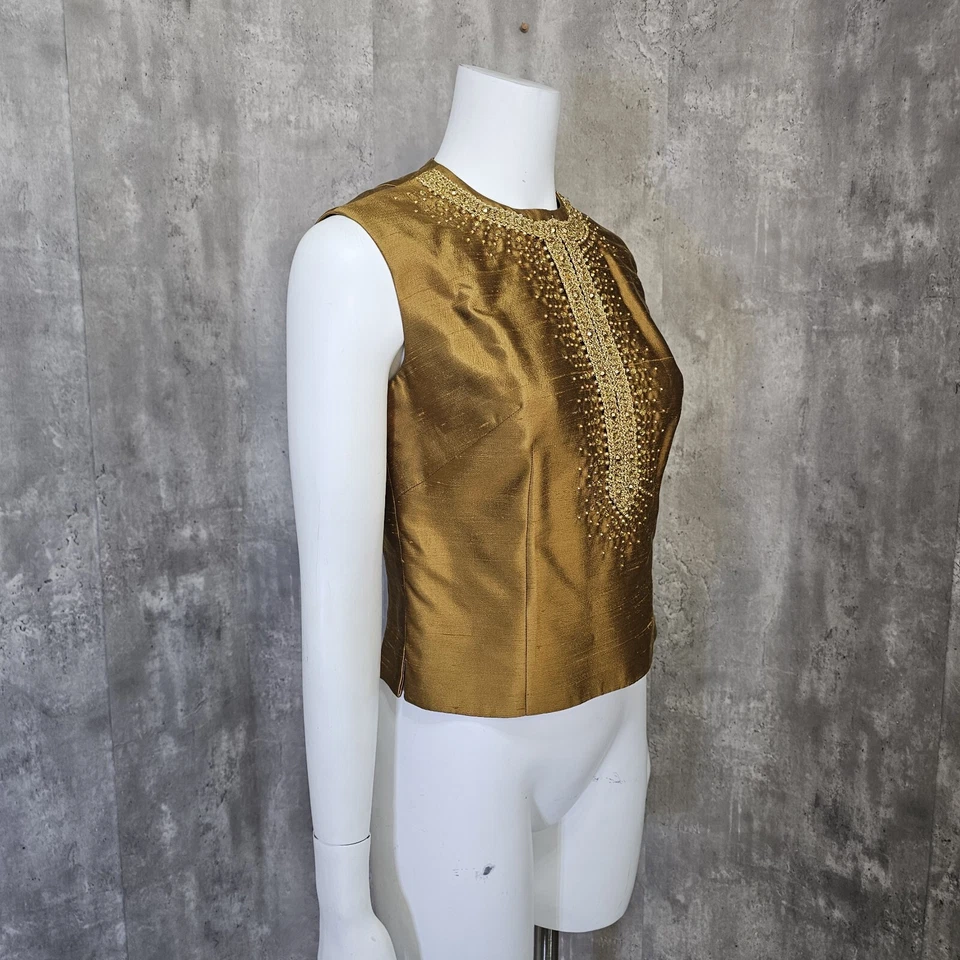 Vintage 60s Golden Slub Knit Acetate Formal Evening Tank Top Blouse Zip Back - Image 4 of 4