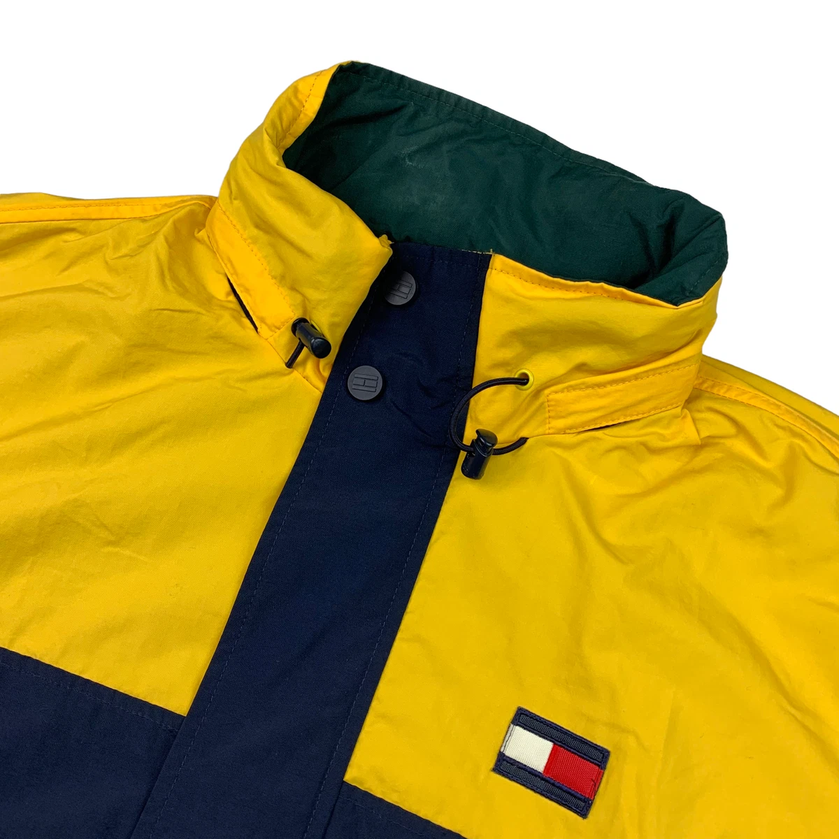 VTG Tommy Hilfiger Mens Full Zip Hooded Nautical Sailing Jacket Yellow/Navy  • XL