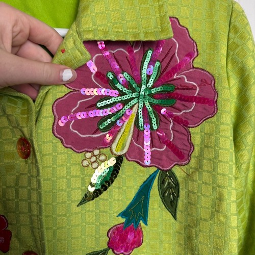 Alex Kim lime green sequin appliqued button front blazer/jacket size small G30 - Picture 3 of 6