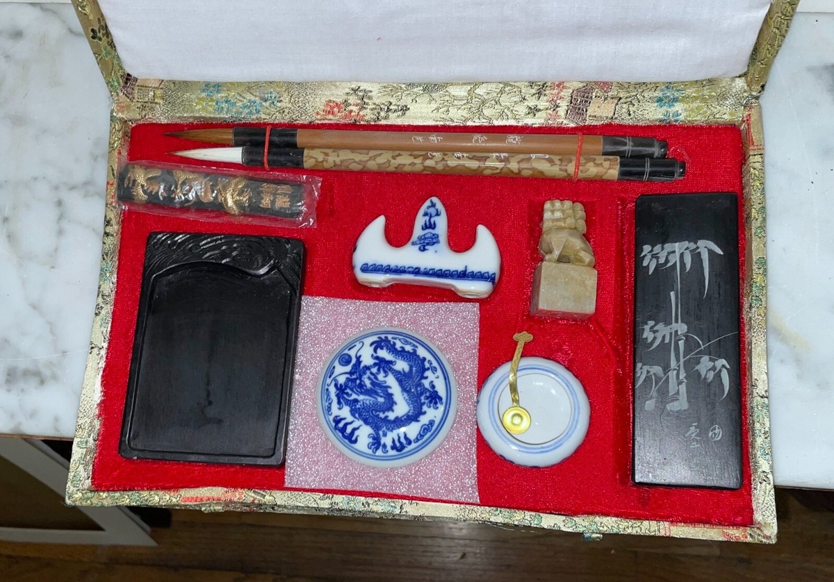 书法04 ORIGINAL VINTAGE CHINESE 10 PIECE CASED CALLIGRAPHY SET - SEAL
