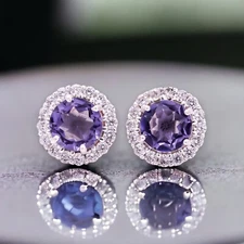 Gift For Women Jewelry Stud Earrings 925 Sterling Silver Natural Iolite Gemstone