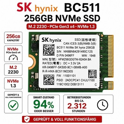   SK hynix BC511 256GB NVMe PCIe M.2 2230 SSD 94% SSD geprüft  #PP35
