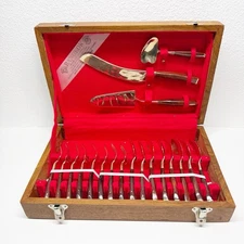 Vtg Bangkok Jewelry Factory Gold Tone Wood Handle Hor D’oeuvres Flatware Set 19p